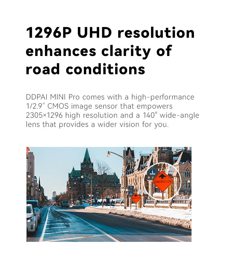 1296P UHD resolution enhances clarity of road conditions.