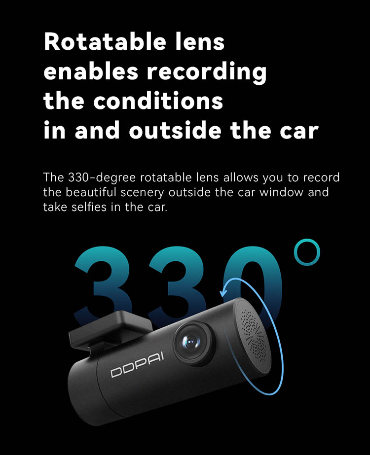 Rotatable lens enables recording the conditions in and outside the car.