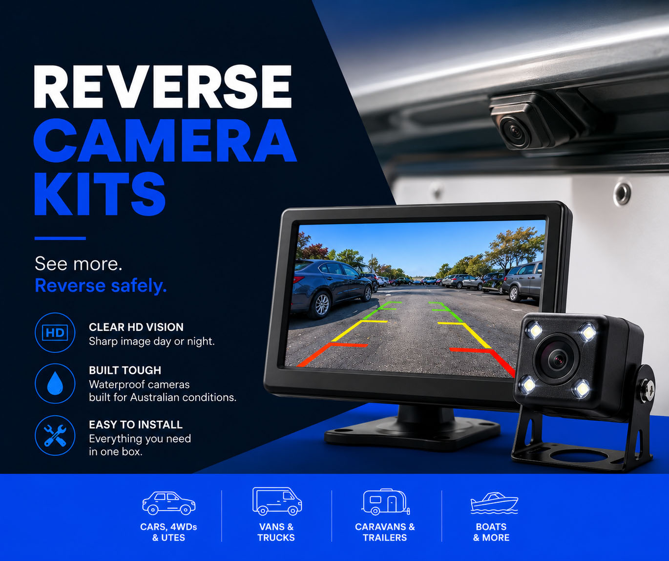 Reverse Camera Kits. Cars, 4WDs, Utes, Vans, Trucks, Caravans, Trailers, Boats.