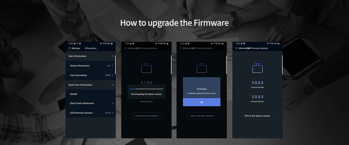 GNET smartphone app firmware and settings screen